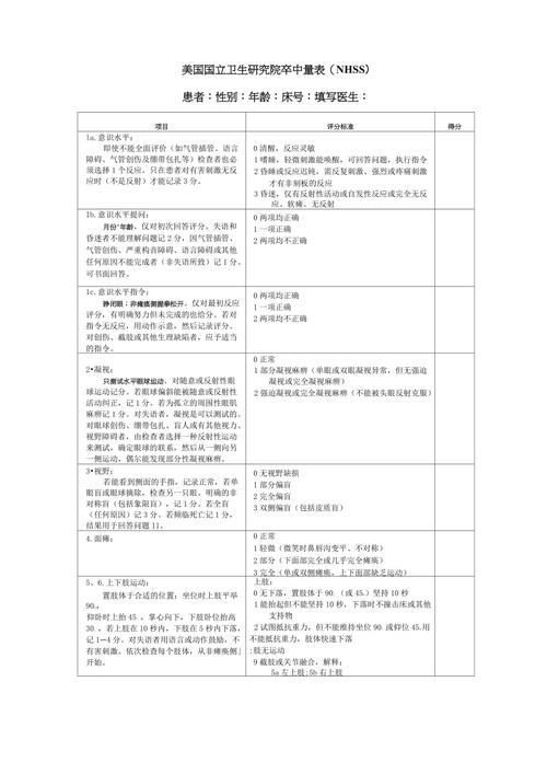 脑梗nlhss评分表